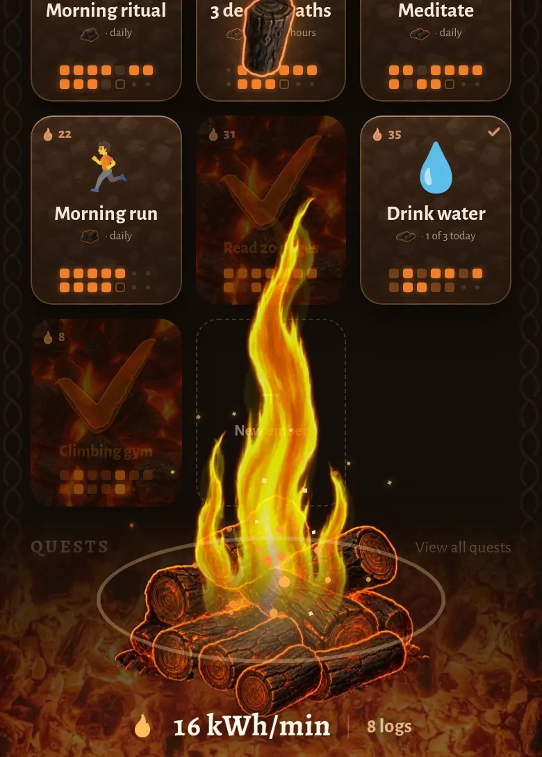 Ember on a phone: a finished habit throws its logs onto a burning fire.