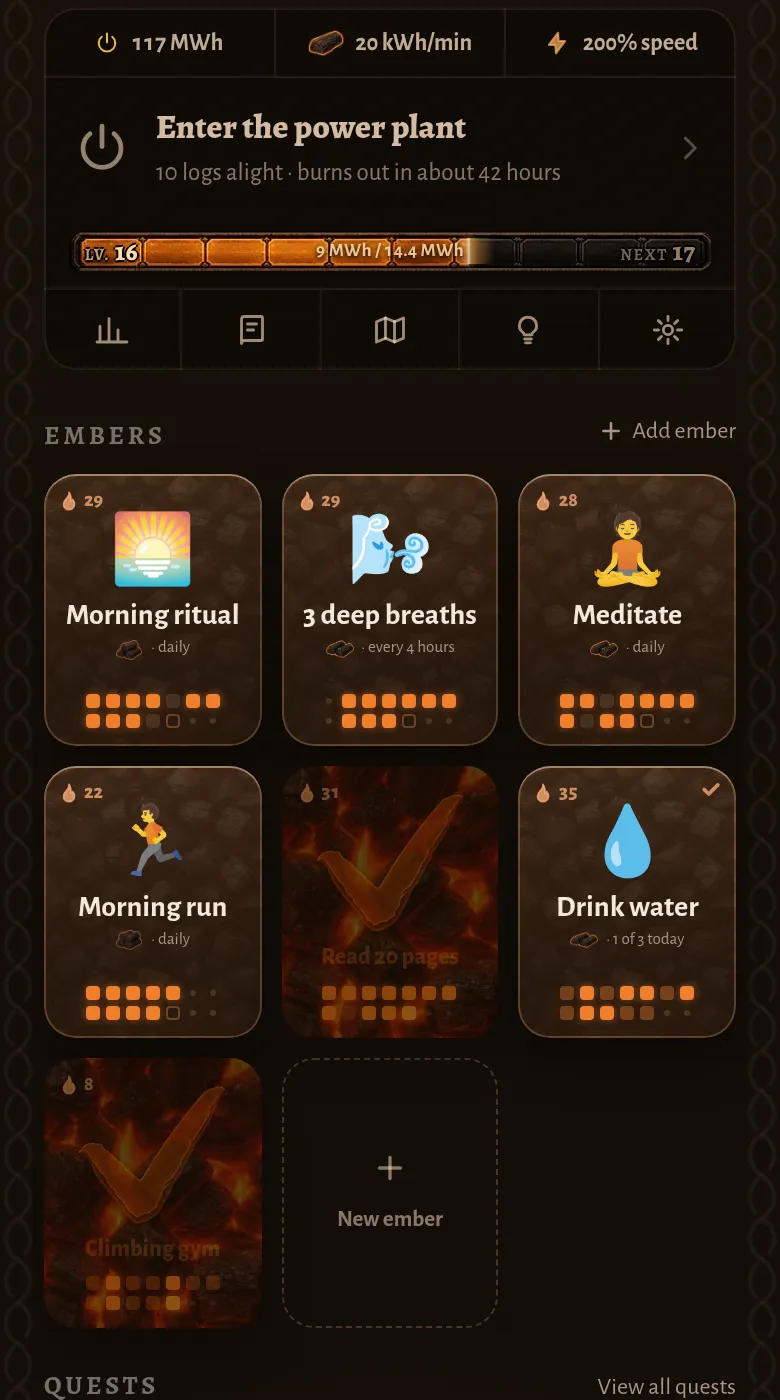 The Ember home screen: a wall of habit tiles, some lit, some waiting.